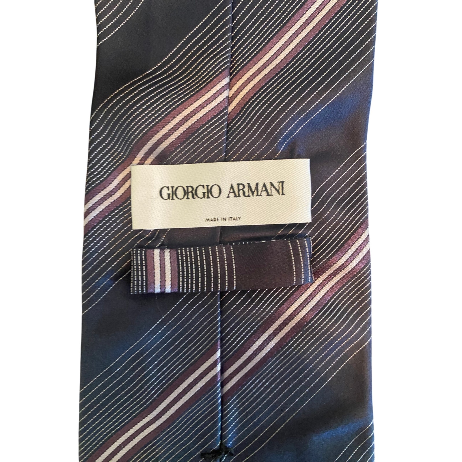 Giorgio Armani Mens Silk Tie Navy Blue Lavender White Diagonal Stripe Made Italy